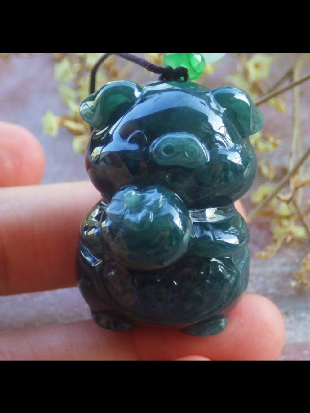 Hand-Carved Dark Green jadeite Jade good fortune Pig Pendant certificate